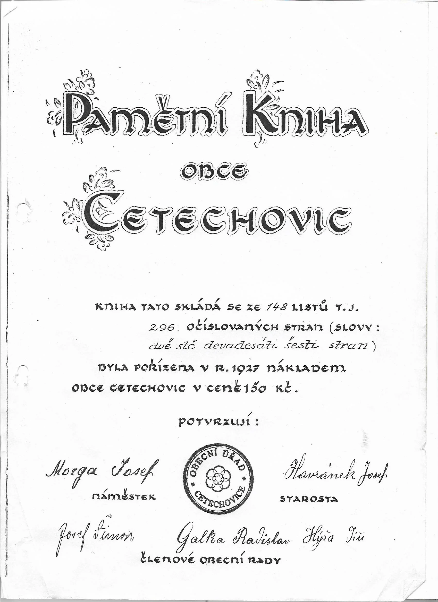 Pamětní kniha Cetechovice 1927